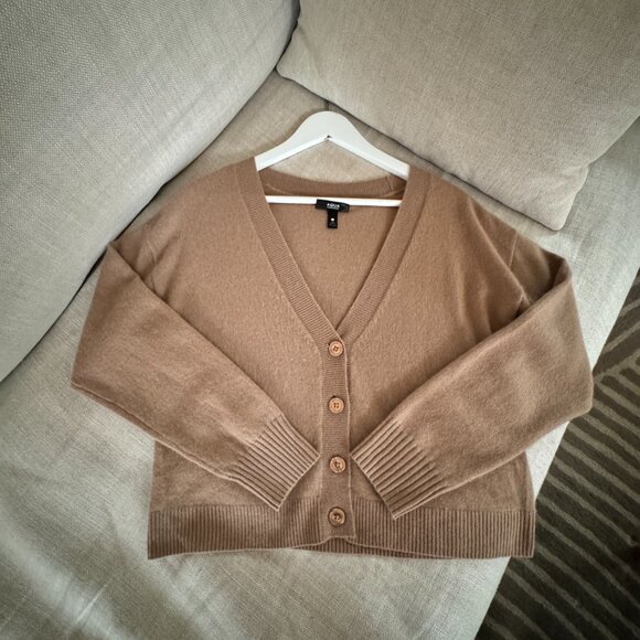 AQUA Cashmere Shell Stitch Sleeve Cashmere Sweater-Wheat Ivory - Picture 6 of 8